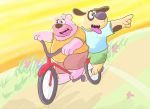  2020 anthro belly bicycle bottomwear canid canine canis clothing cute_fangs domestic_dog duo fur gmarrascapache hi_res humanoid_hands mammal outside overweight pink_body pink_fur shirt shorts topwear ursid 