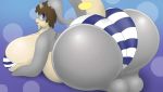  2020 alternate_color anthro big_breasts big_butt bikini blue_background blue_eyes breasts brown_hair butt butt_focus clothing eyewear fan_character female glasses goo_creature goodra grey_body hair hi_res huge_breasts looking_at_viewer looking_back lying mostly_nude multicolored_body nintendo on_ground open_mouth pandashorts pattern_clothing pok&eacute;mon pok&eacute;mon_(species) presenting presenting_hindquarters purple_background rear_view simple_background slightly_chubby solo striped_clothing stripes swimwear tan_body two_tone_body video_games 