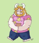  2020 anthro asgore_dreemurr barefoot beard blonde_hair boss_monster bottomwear bovid caprine clothing eddga_go eyebrows facial_hair fangs floral_print flower_pot fur hair half-closed_eyes horn jeans kemono looking_down male mammal narrowed_eyes overweight overweight_male pants pattern_shirt shirt simple_background solo thick_eyebrows topwear undertale video_games white_body white_fur 