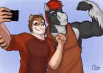  2017 5_fingers anthro biceps black_body black_fur black_stripes blue_background blue_eyes brown_hair cellphone clothed clothing digital_media_(artwork) dog_tags duo equid equine eyebrows felid fingers flexing front_view fur hair holding_object holding_phone horse jodira male mammal multicolored_body multicolored_ears multicolored_fur muscular muscular_male orange_body orange_clothing orange_fur orange_shirt orange_topwear pandacouch pantherine phone pink_nose red_hair selfie shirt short_hair simple_background smile standing striped_body striped_fur stripes tank_top tiger topwear two_tone_body two_tone_ears two_tone_fur white_body white_eyebrows white_fur 