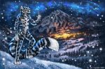  4_toes 5_fingers black_spots detailed_background felid fingers flashw forest fur grey_body grey_fur mammal night outside pantherine sky snow snow_leopard spots spotted_body spotted_fur star starry_sky toes tree 