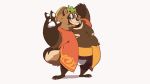  2020 absurd_res anthro belly bennycartoonist brown_body brown_fur canid canine clothing fur hat headgear headwear hi_res leaf male mammal moobs overweight overweight_male raccoon_dog simple_background solo tanuki underwear white_background 