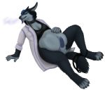  2018 4_toes 5_fingers abdominal_bulge alpha_channel ambiguous_gender ambiguous_prey animal_genitalia anthro arm_support balls barefoot belly biped black_body black_claws black_clothing black_fur black_hair black_nose black_panties black_topwear black_underwear blue_hair bodily_fluids breasts breath canid canine canis claws clothed clothing coat collar digital_drawing_(artwork) digital_media_(artwork) erection eyewear fangs fingers fluffy fluffy_tail fur genital_fluids genitals glasses grey_body grey_fur gynomorph gynomorph_pred hair hand_on_stomach high-angle_view highlights_(coloring) intersex intersex_pred looking_down lying mammal multicolored_body multicolored_fur on_back oral_vore panties panties_down paws penis precum purple_penis saveloy_(cross_exonar) sheath short_hair side_view simple_background small_tail soft_vore solo teeth three-quarter_view toes tongue tongue_out topwear transparent_background underwear unseen_character verkele vore white_clothing white_topwear wolf 