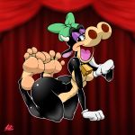  1:1 4_toes anthro bovid bovine cattle clarabelle_cow clothing cowbell curtains disney feet female gloves handwear hi_res horn humanoid_feet lazzylad mammal nude open_mouth open_smile smile soles solo toes toony white_clothing white_gloves 
