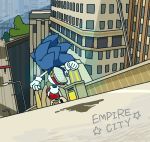  anthro blue_body blue_fur bukikobuta city clothing english_text eulipotyphlan footwear fur gloves handwear hedgehog low_res male mammal outside rear_view road running shoes solo sonic_the_hedgehog sonic_the_hedgehog_(series) sonic_unleashed text 