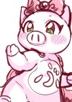  accessory belly belly_markings blush bow buurin cape cape_only clothing colored_sketch domestic_pig eyelashes female glistening glistening_eyes green_eyes hair_accessory hair_bow hair_ribbon hi_res mammal markings mostly_nude pig_nose pink_body ribbons simple_background solo suid suina super_pig sus_(pig) tonde_buurin uyu white_background 
