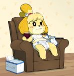 alcohol animal_crossing anthro bell beverage blush canid canine canis chair diaper domestic_dog edit female food furniture glass hi_res hodgepodgedl isabelle_(animal_crossing) mammal nintendo popcorn sitting solo video_games wine yellowhellion 