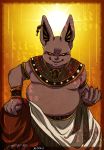  anthro big_ears bottomwear champa clothed clothing domestic_cat dragon_ball dragon_ball_super ear_piercing ear_ring egyptian egyptian_clothing felid feline felis hairless hairless_cat long_ears looking_at_viewer male mammal moobs pants piercing portrait pose purple_body purple_ears purple_nose purple_skin rakudx slightly_chubby smile solo sphynx_(cat) sun yellow_eyes 