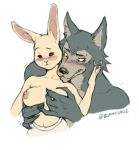  2020 anthro anthro_on_anthro bandage beastars black_nose blanclauz blush bodily_fluids breast_fondling breast_grab breasts canid canine canis claws clothed clothing duo female fingers fondling fur hand_on_breast haru_(beastars) hi_res interspecies lagomorph larger_male legoshi_(beastars) leporid looking_at_breasts looking_down male male/female mammal motion_lines nipples purple_eyes rabbit shaking size_difference smaller_female smile sweat teeth text topless trembling white_body white_fur wolf 