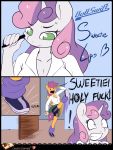  2014 anthro bodily_fluids boltswift breasts cleavage clothed clothing comic dialogue duo equid female friendship_is_magic hasbro hi_res mammal my_little_pony pen scootaloo_(mlp) sweat sweetie_belle_(mlp) 
