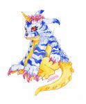  ambiguous_gender animal_skin black_nose blue_body blue_fur blue_markings claws digimon digimon_(species) flower flower_on_head fur gabumon horn markings nekophoenix orange_eyes plant reptile scalie simple_background solo spikes stripes teeth toe_claws white_background yellow_body 