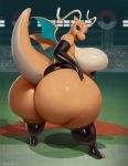  2020 anthro armwear big_breasts big_butt breasts butt butt_focus clothing curvy_figure dragon dragonite elbow_gloves female gloves handwear hi_res huge_breasts huge_butt hyper hyper_butt legwear looking_at_viewer nintendo non-mammal_breasts open_mouth pok&eacute;mon pok&eacute;mon_(species) rubber scalie signature solo taranima thick_thighs video_games voluptuous wings 