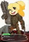  animal_crossing armor blood bodily_fluids canid canine canis crossover demon domestic_dog doom_(series) female id_software isabelle_(animal_crossing) mammal mild_gore mrhart nintendo video_games 