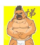  2020 absurd_res anthro asian_clothing belly brown_body brown_fur canid canine canis clothing cute_fangs domestic_dog east_asian_clothing fundoshi fur green_eyes hi_res humanoid_hands japanese_clothing kemono male mammal moobs nipples overweight overweight_male simple_background solo tinhotarou tokyo_afterschool_summoners underwear video_games yasuyori 