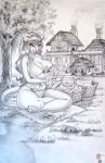  ambiguous_gender anthro baby big_breasts breastfeeding breasts building faction_sultanates felid female greyscale group hi_res house human lion mammal monochrome nipple_outline outside pantherine tree wtv young 