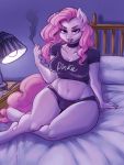  anthro bed breasts cigarette cleavage clothed clothing equid equine female friendship_is_magic furniture hasbro hi_res horse lamp mammal my_little_pony nipple_outline noupie panties pillow pinkie_pie_(mlp) pony smoking solo underwear wide_hips 