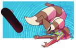  2019 3_toes 4_fingers accident alpha_channel anthro big_butt biped bottomless brown_body brown_fur brown_hair butt clothed clothing digital_media_(artwork) faceplant female fingers fluffy fluffy_tail fur furret hair hi_res kori_(potoobrigham) navel nintendo plantigrade pok&eacute;mon pok&eacute;mon_(species) potoobrigham simple_background skateboard solo striped_tail stripes tan_body tan_fur thick_thighs toes topwear video_games wide_hips 