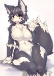  5_fingers anthro arm_support arm_tuft big_breasts big_tail black_and_white_fur black_body black_fur black_hair breasts canid canine chest_tuft curvaceous curvy_figure cute_fangs dipstick_tail elbow_tufts eye_markings featureless_breasts female fingers fluffy fox fur glistening glistening_body glistening_fur hair hip_tuft inner_ear_fluff kemono looking_at_viewer mammal markings multicolored_body multicolored_fur multicolored_tail navel nude open_mouth open_smile pubic_mound sakamata_orca short_hair simple_background sitting slit_pupils smile solo tuft two_tone_body two_tone_fur voluptuous white_background white_body white_fur wide_hips wrist_tuft yellow_eyes 