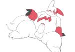  2020 absurd_res anthro balls belly blush butt erection fur genitals hi_res humanoid_genitalia humanoid_penis kemono male nintendo overweight overweight_male penis pok&eacute;mon pok&eacute;mon_(species) red_body red_fur reddo12340 simple_background sitting solo video_games white_background white_body white_fur zangoose 