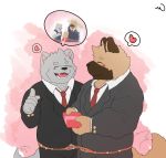  &lt;3 2020 anthro blush bottomwear brown_body brown_fur canid canine canis clothing domestic_dog duo eyes_closed fur hi_res humanoid_hands kemono male male/male mammal moonwhitetiger necktie pants shirt slightly_chubby topwear 