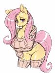  anthro anthrofied big_breasts blush bottomless breasts cleavage clothed clothing equid equine female fluttershy_(mlp) friendship_is_magic genitals hasbro hi_res horse looking_at_viewer mammal my_little_pony noupie pony pussy simple_background solo white_background 