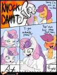  ! 2014 ? anthro blush boltswift breasts cleavage clothed clothing comic dialogue duo equid female friendship_is_magic hasbro hi_res horn mammal my_little_pony orange_body scootaloo_(mlp) sweetie_belle_(mlp) unicorn white_body 