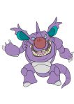  2018 absurd_res alien ambiguous_gender blue_sclera bragg_(stitch!) claws crossover digital_media_(artwork) disney experiment_(lilo_and_stitch) flat_colors grey_claws hi_res hybrid lilo_and_stitch looking_at_viewer nidoking nintendo open_mouth open_smile pok&eacute;mon pok&eacute;mon_(species) purple_body purple_eyes red_nose sharp_teeth simple_background smile solo standing stitch! teeth tombola1993 video_games white_background 
