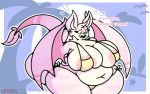  2020 anthro areola areola_slip big_breasts bikini blush bodily_fluids breasts chiropteran clothed clothing digital_media_(artwork) female fur mammal membrane_(anatomy) membranous_wings navel open_mouth overweight overweight_female simple_background skimpy solo standing sushirolldragon sweat swimwear text thick_thighs tight_clothing wide_hips wings 