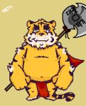  2020 anthro belly clothing eddga_go felid kemono loincloth male mammal navel pantherine simple_background slightly_chubby solo tiger weapon 