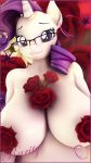  3d_(artwork) absurd_res anthro big_breasts breasts convenient_censorship digital_media_(artwork) equid eyewear flower friendship_is_magic glasses hasbro hevexy hi_res horn huge_breasts looking_at_viewer mammal my_little_pony plant rarity_(mlp) rose_(flower) solo unicorn 