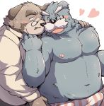  &lt;3 2020 anthro belly black_nose blush brown_body brown_fur bulge canid canine canis clothing domestic_dog duo emufu eyes_closed eyewear facial_hair fur glasses hi_res hug hugging_from_behind kemono male male/male mammal moobs mustache navel nipples overweight overweight_male shirt topwear underwear undressing 