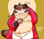  2020 anthro belly blush brown_body brown_fur canid canine clothing fur hi_res humanoid_hands kazumi88888 kemono male mammal moobs nipples overweight overweight_male raccoon_dog robe simple_background solo tanuki tongue tongue_out underwear 