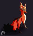 2020 ambiguous_gender canid canine feral fox fur looking_at_viewer mammal mask nintendo pok&eacute;mon pok&eacute;mon_(species) red_body red_fur simple_background solo thievul twinkgenji video_games watermark 
