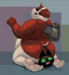  anthro badger badgerclops black_body black_fur butt cartoon_network cybernetics cyborg digitigrade domestic_cat duo eye_patch eyewear felid feline felis fur green_eyes hi_res looking_back machine male male/male mammal mao_mao:_heroes_of_pure_heart mustelid musteline overweight overweight_male pawpads sheriff_mao_mao_mao sitting sitting_on_person themorghull 