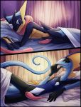  absurd_res bed blue_body donutella flash_(donutella) furniture genitals greninja hi_res inteleon looking_at_viewer male nintendo open_mouth penis pok&eacute;mon pok&eacute;mon_(species) solo tapering_penis video_games 