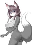  anthro breasts butt canid canine chest_tuft featureless_breasts female fur grey_body grey_fur grey_tail hair hi_res holding_arm inner_ear_fluff kemono looking_at_viewer mammal mofuron4504 nude simple_background solo tuft two_tone_tail white_background white_body white_fur white_tail 