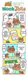  2020 absurd_res animal_crossing anthro bottomwear brown_body brown_fur canid canine cho_hanayo clothing comic english_text eyes_closed fur group hi_res knife mammal nintendo nintendo_switch official_art phone raccoon_dog shirt shorts slightly_chubby tanuki text timmy_nook tom_nook_(animal_crossing) tommy_nook topwear video_games 
