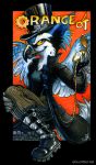  amara_telgemeier anthro avian beak bird black_border blue_body blue_feathers blue_jay boots border bottomwear canid canine canis clock clothed clothing con_badge corvid feathers female footwear hat headgear headwear hybrid jackal jacket jay_(bird) mammal new_world_jay orange04_(character) orange_background orange_eyes pants pocketwatch simple_background solo top_hat topwear watch wings yellow_sclera 