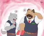  &lt;3 2020 anthro blush bottomwear brown_body brown_fur bulge canid canine canis clothing domestic_dog duo eyes_closed fur hi_res humanoid_hands kemono male male/male mammal moonwhitetiger necktie pants shirt topwear 