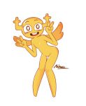  2019 4_fingers absurd_res blush butt cartoon_network fairy female fingers gesture hi_res horn humanoid looking_at_viewer mammal minoss nude open_mouth penny_fitzgerald pose red_eyes simple_background smile solo standing teeth the_amazing_world_of_gumball tongue v_sign white_background wide_hips wings yellow_body 