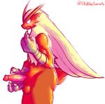  2020 anthro avian balls beak bird blaziken blush digital_media_(artwork) erection feathers fur genitals hair hi_res humanoid_genitalia humanoid_penis male nintendo nude penis pok&eacute;mon pok&eacute;mon_(species) secrets-from-dark simple_background solo standing video_games white_background 