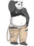  2018 anthro belly black_nose blush clothing gensuigr green_eyes humanoid_hands male mammal moobs navel nipples overweight overweight_male panda pants simple_background solo ursine white_background 