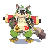  2016 anthro belly canine clothing footwear gokrakstyle humanoid_hands male mammal momochi_sandayuu moobs overweight overweight_male pants sandals sengoku_puzzle simple_background solo tanuki white_background 