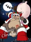  2015 anthro balls belly big_balls black_nose blush canine christmas clothed clothing flaccid holidays humanoid_hands male mammal mind_drive mizuse_higomaru momochi_sandayuu moobs moon navel night nipples one_eye_closed overweight overweight_male penis sengoku_puzzle solo tanuki wink 