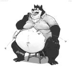  anthro aokmaidu belly belly_jiggle belly_overhang big_belly black_fur bottomless button_pop canine claws clothed clothing disney double_chin eating food fur holding_food holding_object hyper hyper_belly male mammal monochrome moobs navel obese obese_male open_mouth open_smile overweight overweight_male pete_(disney) simple_background sitting smile solo sound_effects straining_buttons teeth toe_claws tongue torn_clothing weight_gain white_background white_fur wide_hips wolf 