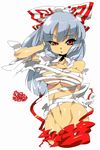  alabaster_(artist) bangs blue_hair bow fujiwara_no_mokou no_panties oekaki red_eyes sarashi solo torn_clothes touhou 