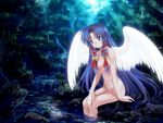  air angel angel_wings bell blue_hair hair_ribbon highres kannabi_no_mikoto long_hair mutsuki_(moonknives) non-web_source nude ribbon solo water wings 