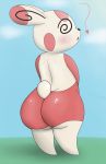  &lt;3 2016 ? ambiguous_gender anthro big_butt blue_background blush butt confusion fur hi_res looking_back multicolored_body nintendo open_mouth outside pandashorts pok&eacute;mon pok&eacute;mon_(species) rear_view red_body red_fur simple_background solo spinda spiral_eyes standing thick_thighs video_games white_body white_fur 