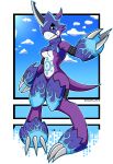  3_fingers 3_toes absurd_res anthro armor blue_eyes bottomless breasts claws clothed clothing digimon digimon_(species) dragon female fingers flamedramon hi_res horn ineedanaccount purple_body scalie solo spikes toes under_boob 