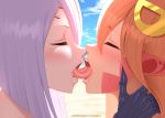  2020 accessory beauty_mark blacksaikou blush bodily_fluids cloud day duo eyelashes eyes_closed female female/female french_kissing hair hair_accessory hairclip humanoid humanoid_on_humanoid kissing lips miia_(monster_musume) monster_girl_(genre) monster_musume multi_eye open_mouth orange_hair rachnera_arachnera_(monster_musume) saliva sky sweat sweatdrop teeth 